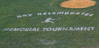 photo of RHMT logo stenciled onto Cantine grass Roy Helsmoortel Memorial Tournament